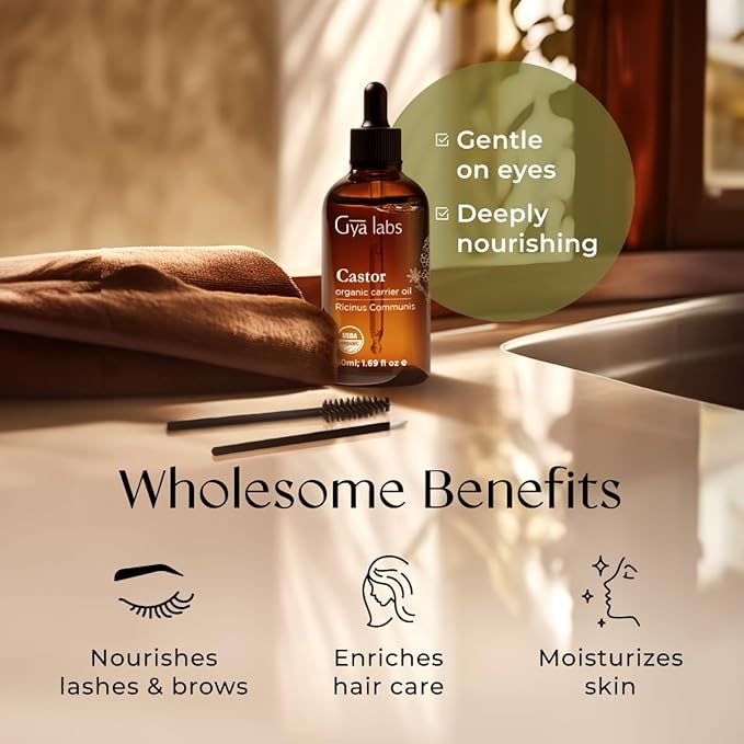 Gya Labs Organic Cosmetics Castor Oil for Eyelashes and Eyebrows - 100% Pure Natural Castor Carrier Oil for Hair, Skin (1.7 Fl Oz + Eyelash Kit)