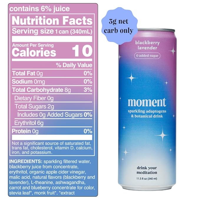 Moment Botanical Soda Soft Drink (Shark Tank) - SPARKLING Drinks | Blackberry Lavender | L-Theanine & Ashwagandha for Calm & Clarity | 0 Added Sugar 0 Caffeine | 12-pack