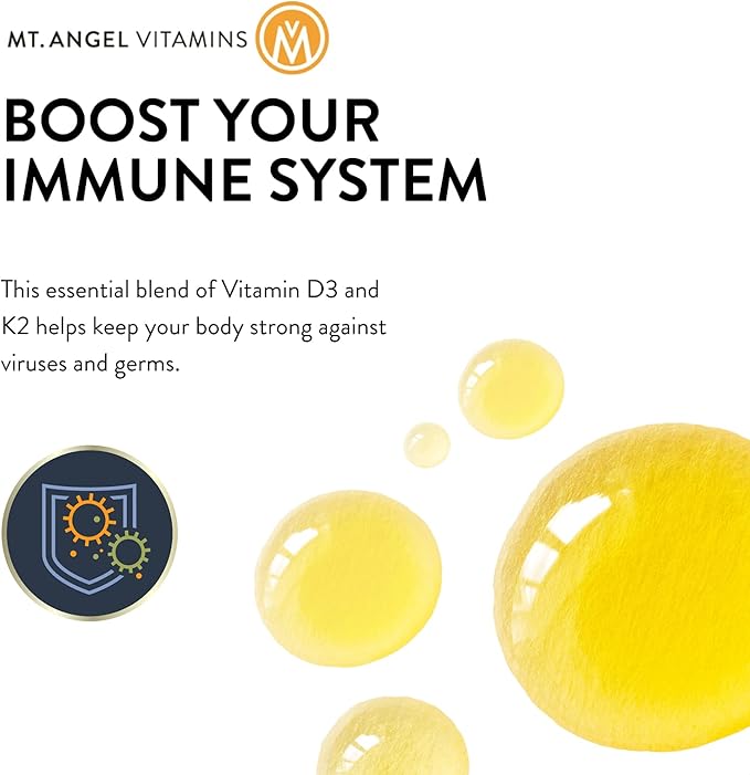 Mt. Angel Vitamins - Vegan Vitamin D3 & K2 Liquid Supplement - 5000 IU D3, Trans MK7 K2 - Gluten-Free, Non-GMO - Perfect for Adults & Kids - Your Daily Dose of Sunshine | K2 D3 Vitamin Supplement