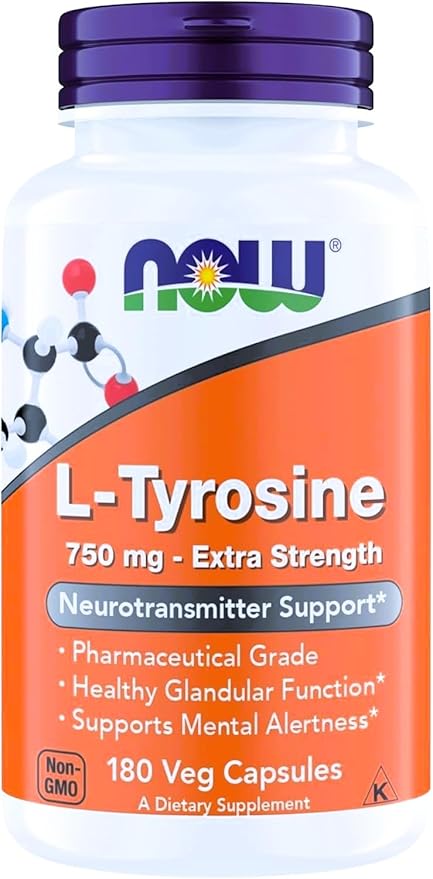 NOW Foods Supplements, L-Tyrosine 750 mg, Supports Mental Alertness*, Neurotransmitter Support*, 180 Veg Capsules