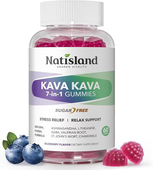 Chewable Kava Kava Gummies, Kava Kava Root Extract with Ashwagandha & L-Theanine, Kava Supplement for Women & Men, 7-in-1 Herbal Blend for Stress Relief & Relaxation, Sugar-Free, Vegan, 60 Ct
