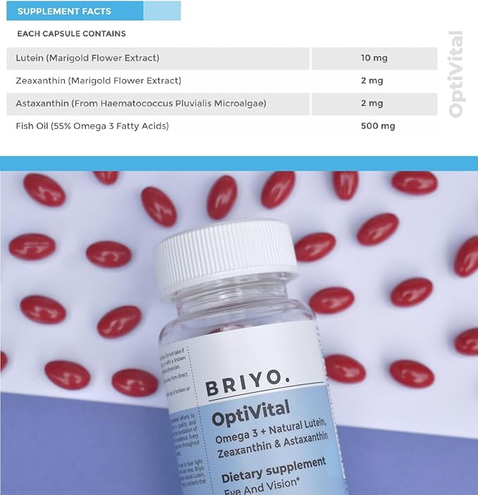 Briyo Optivital Eye Health Supplement with Lutein, Zeaxanthin, Astaxanthin and Omega 3 – Supports Visual Clarity, Screen Fatigue Relief and Long Term Retinal Health – One a Day, 60 Softgels
