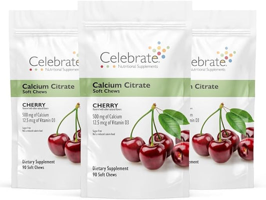 Celebrate Vitamins Bariatric 500mg Calcium Citrate Soft Chews with 500 IU Vitamin D3 – Essential for Gastric Bypass Patients & Bone Health - Sugar & Gluten Free, Cherry (270 Chews)
