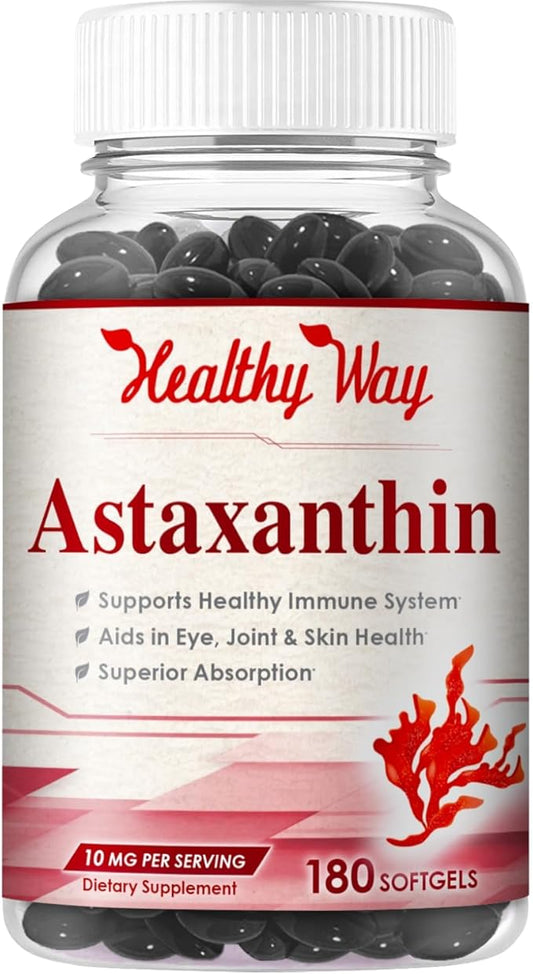 Easy Absorption Astaxanthin Supplement - 10mg Astaxanthin from Haematococcus Pluvialis Fresh Microalgae for Skin and Eye Health Support - Rich in Antioxidants and Carotenoids (180 Servings)