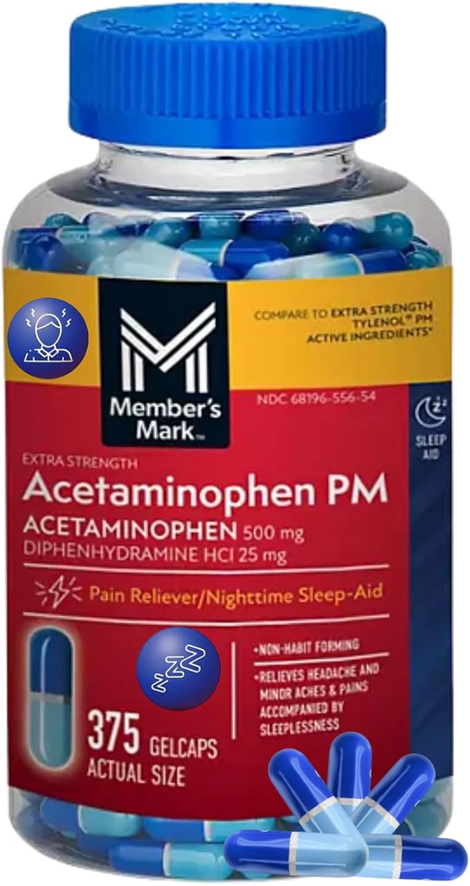 Acetaminophen PM Extra Strength 375 Gelcaps| Pain Reliever & Fever Reducer for Migraines, Joint, Muscle or Back, and Menstrual Pain - Extra Strength Acetaminophen PM, 500mg - 375 Gelcaps (Pack of 1)