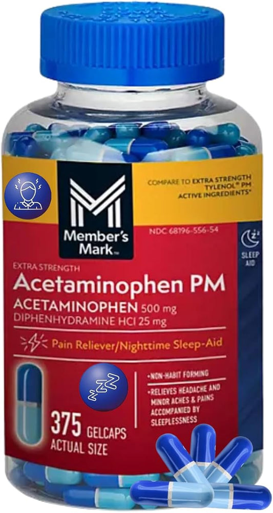 Acetaminophen PM Extra Strength 375 Gelcaps| Pain Reliever & Fever Reducer for Migraines, Joint, Muscle or Back, and Menstrual Pain - Extra Strength Acetaminophen PM, 500mg - 375 Gelcaps (Pack of 1)