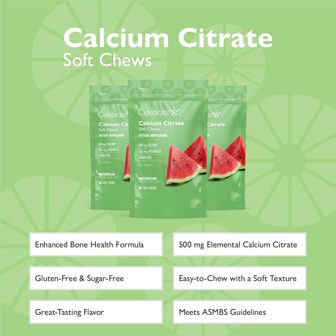 Celebrate Vitamins Bariatric 500mg Calcium Citrate Soft Chews with 500 IU Vitamin D3 – Essential for Gastric Bypass Patients & Bone Health - Sugar & Gluten Free, Melon (270 Chews)