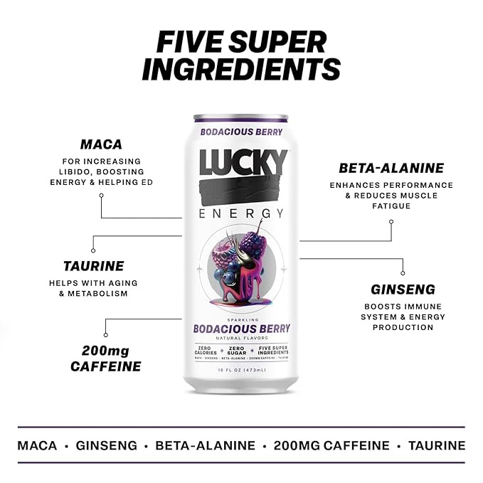 Lucky Energy Sugar Free Energy Drinks 16 Fl Oz Cans (Pack of 10) Healthy Energy Drink Variety Pack with Maca, Ginseng, Taurine, Beta-Alanine, 200mg Caffeine (Packaging may vary).