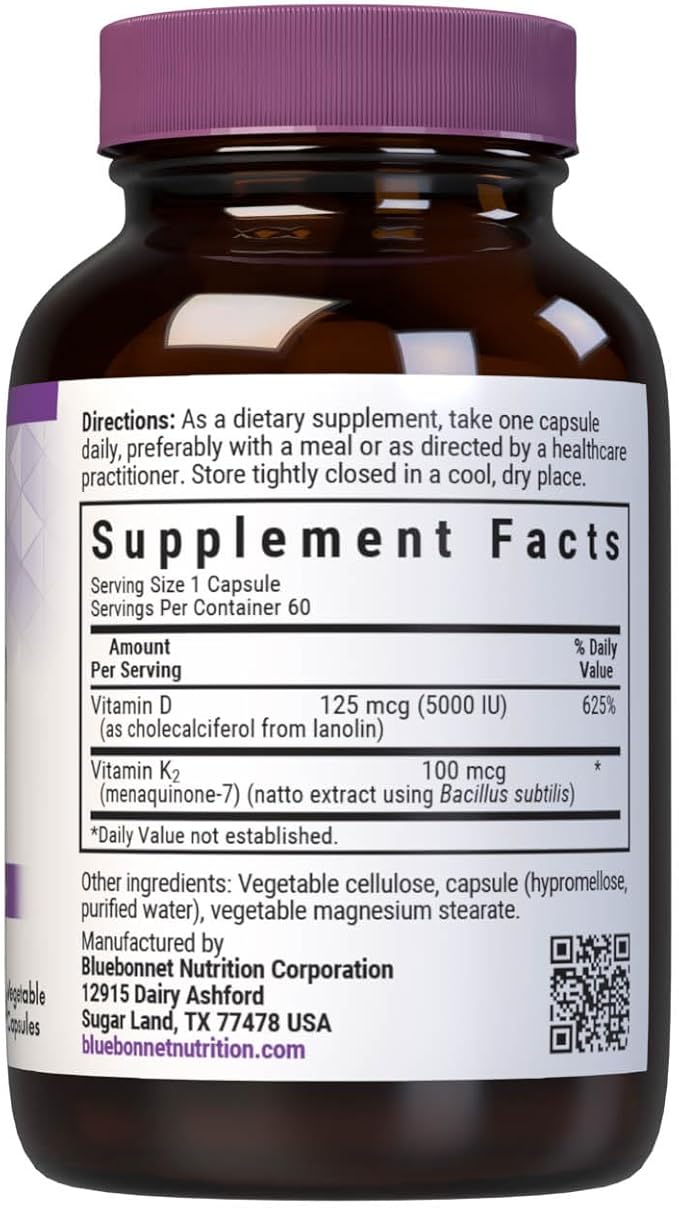 Bluebonnet Nutrition Vitamin D3 & K2, Soy-Free, for Strong-Healthy Bones*, Gluten-Free, Non-GMO, Dairy-Free, Kosher Certified, Vegetarian, 60 Vegetable Capsules, 60 Servings