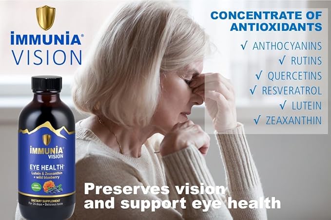 Immunia Vision. Lutein, Wild Blueberry, and Elderberry Concentrate. Eye Health Antioxidant Supplement. Concentrated Formula. Delicious Taste. 5 ml/Day. (1-Pack)