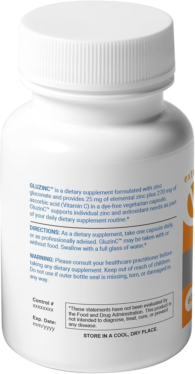 GluzinC Zinc & Vitamin C Supplement | 25 mg Zinc Gluconate + 270 mg Ascorbic Acid | Daily Immune Nutrients | 60 Veg Caps