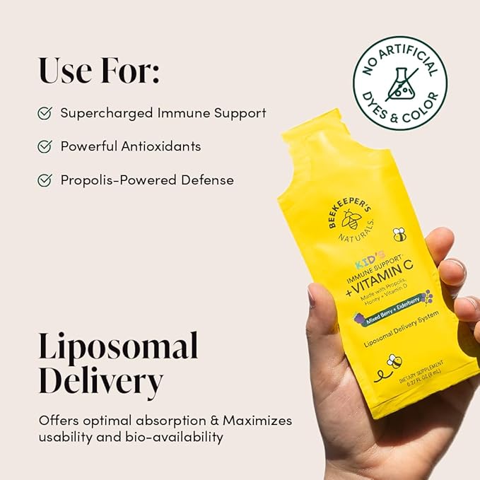 Beekeeper's Naturals Kid's Immune Liposomal Vitamin C, 500 mg Vitamin C, Elderberry, Vitamin D, Propolis & Honey, Kid-Friendly Immune Support - Mixed Berry Flavor, Easy to Use, Bioavailable, 30 Ct