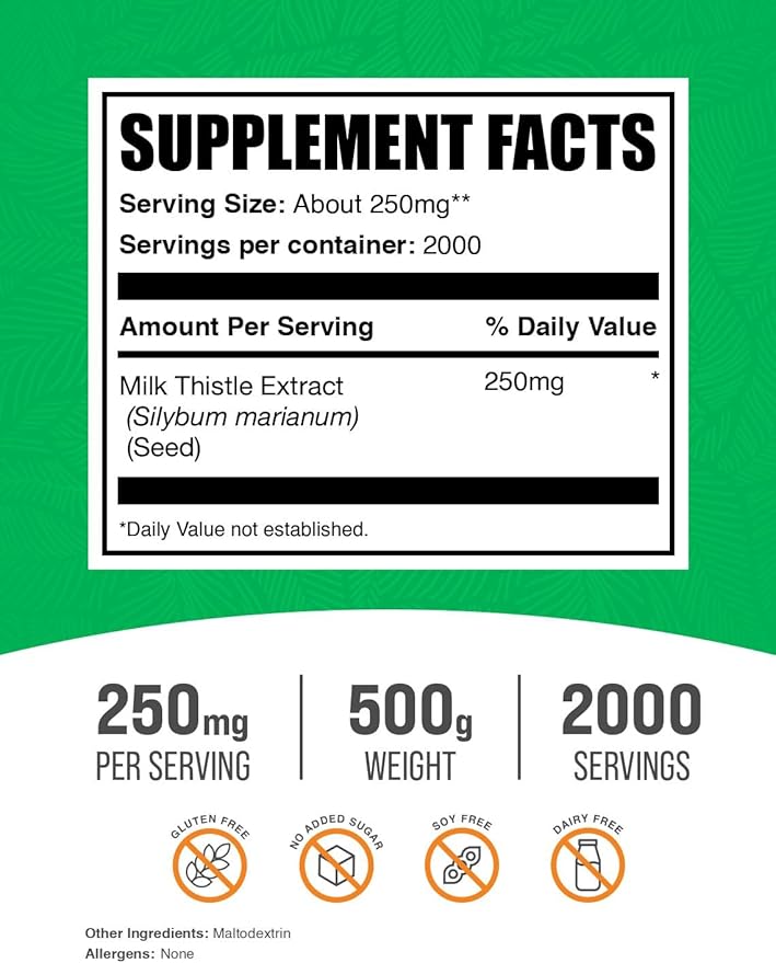 BulkSupplements.com Milk Thistle Extract Powder - Herbal Supplement, Milk Thistle Supplement - Gluten Free, 250mg per Serving, 500g (1.1 lbs) (Pack of 1)