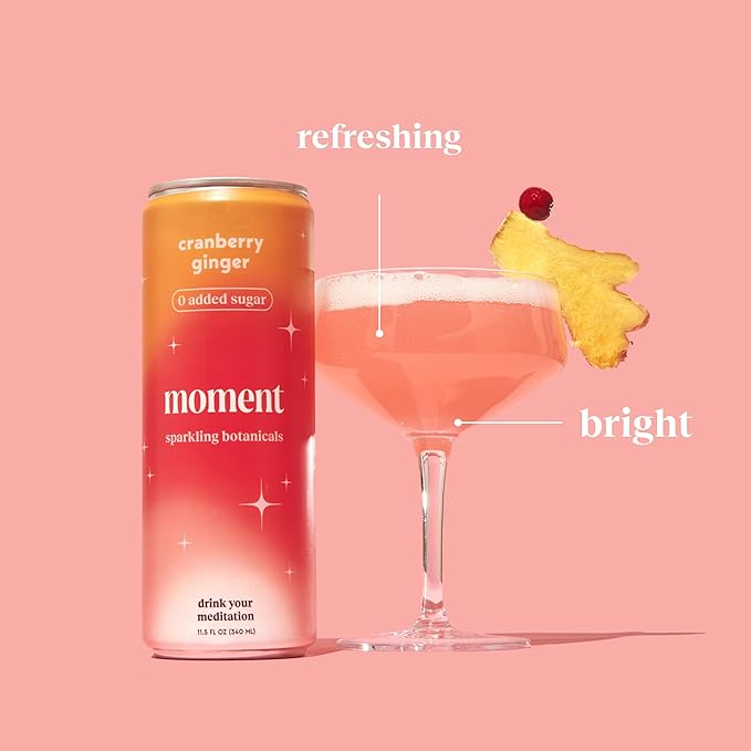 Moment Botanical Soda Soft Drink (Shark Tank) - SPARKLING Non Alcoholic Drinks | Cranberry Ginger | L-Theanine & Ashwagandha for Calm & Clarity | 0 Added Sugar 0 Caffeine | 12-pack