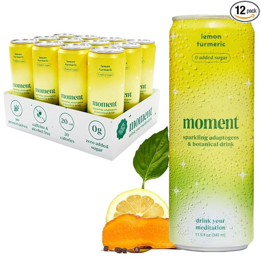 Moment Botanical Soda Soft Drink (Shark Tank) - SPARKLING Non Alcoholic Drinks | Lemon Turmeric | | L-Theanine & Ashwagandha for Calm & Clarity | 0 Added Sugar 0 Caffeine | 12-pack