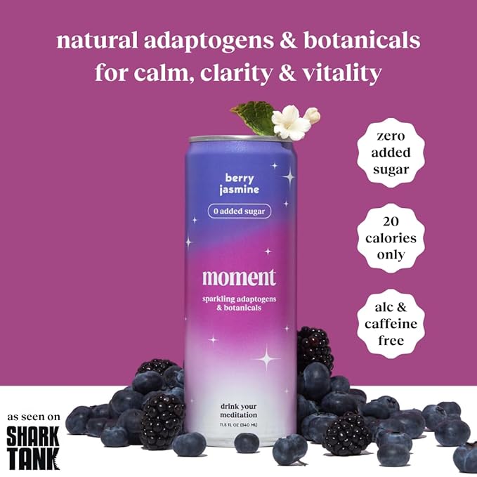 Moment Botanical Soda Soft Drink (Shark Tank) - SPARKLING Non Alcoholic Drinks | Berry Jasmine | L-Theanine & Ashwagandha for Calm & Clarity | 0 Added Sugar 0 Caffeine | 12-pack