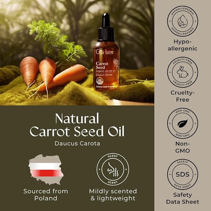 Gya Labs Organic Carrot Seed Oil for Hair & Skin - 100% Pure Natural Unrefined Carrot Carrier Oil for Face and Lip Care, Scalp & Body Massage (1 Fl Oz)