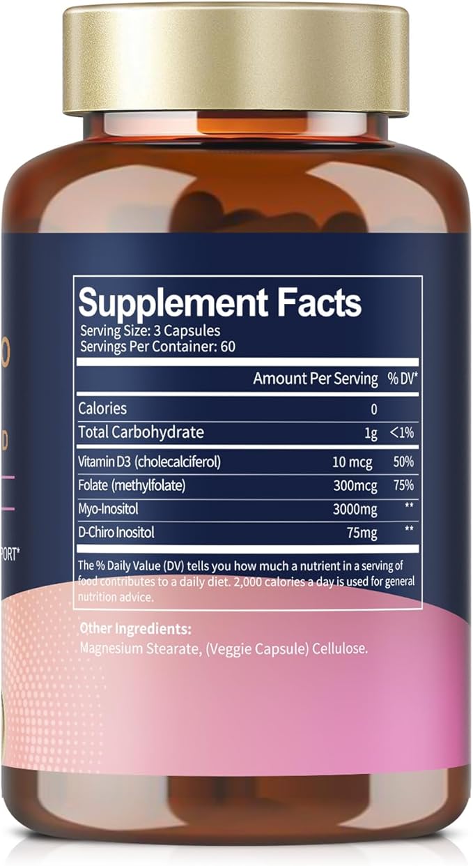 Inositol Supplement for Women with Vitamin D3, Folate, 40:1 Ratio Myo-Inositol & D-Chiro Inositol Complex, (Vitamin B8) Inositol Capsules, 180 Capsules, 60 Servings, 2 Month Supply