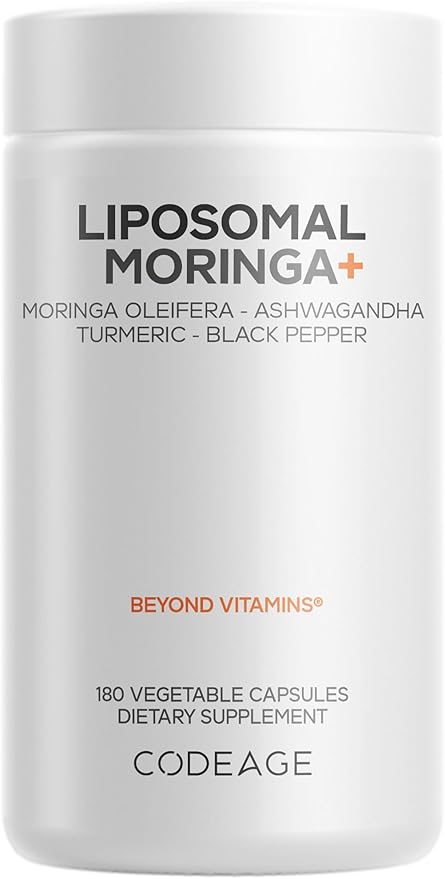 Codeage Liposomal Moringa+ Supplement, 400mg Moringa 50:1 Extract - 20,000mg Moringa Oleifera Leaf Equivalent - Turmeric, Ashwagandha, Black Pepper, 3-Month Supply, Vegan Moringa Powder - 180 Capsules