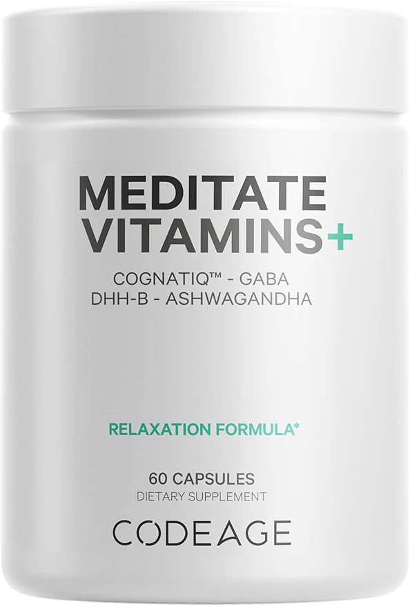 Codeage Meditate Vitamins+ Supplement - CognatiQ, DHH-B, GABA, Ashwagandha, Organic Mushrooms, Blueberries - BDNF Brain Pills and Neuroprotein - Vegan, Non-GMO, Gluten-Free - 60 Capsules