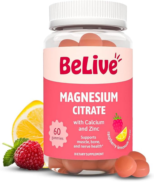 BeLive Magnesium Citrate Gummies with Calcium and Zinc for Adults and Kids - High Absorption Magnesium Supplement for Cognitive, Bone, Muscle and Nerve Health - Raspberry Lemonade - 60 Count
