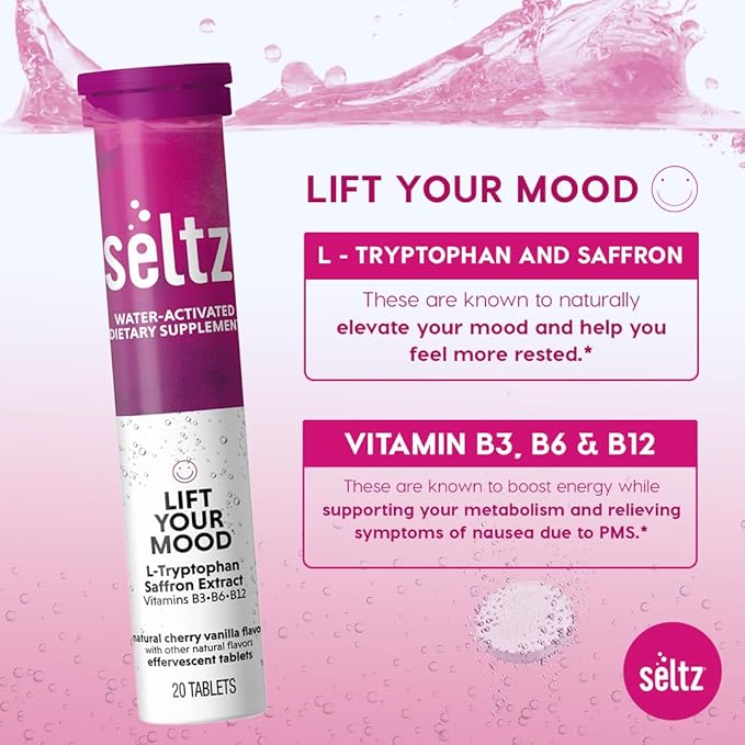 Seltz Lift Your Mood and Soothe Today's Stress Vitamin Effervescent Drinks with L-Theaninine, L-Tryptophan, Saffron, Vitamin D3 and More!