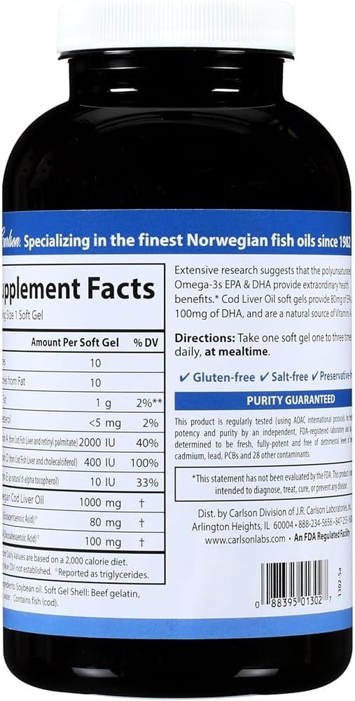 Carlson - Cod Liver Oil Gems, Super 1000 mg, 250 mg Omega-3s, 400 IU (10 mcg) Vitamin D3, Wild Caught Norwegian Arctic Cod Liver Oil, Nordic Fish Oil Capsules, 250 Softgels