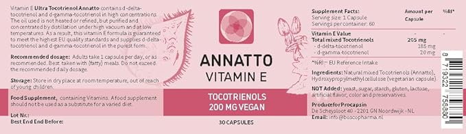 Annatto Tocotrienols Vegan Vitamin E Supplement, Tocopherol Free, Eannatto Capsules Without PAH's and contaminants - Improved from Deltagold - 200mg - Non-GMO & Antioxidant (30)