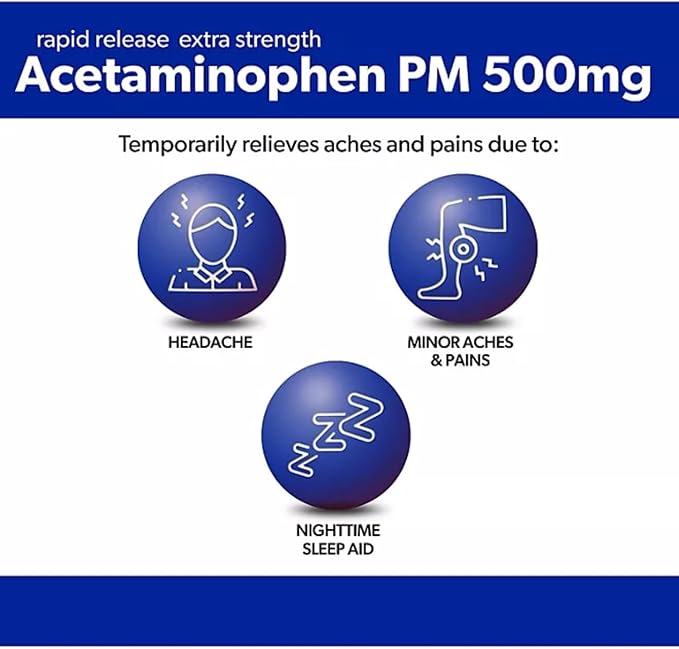 Acetaminophen PM Extra Strength 375 Gelcaps| Pain Reliever & Fever Reducer for Migraines, Joint, Muscle or Back, and Menstrual Pain - Extra Strength Acetaminophen PM, 500mg - 375 Gelcaps (Pack of 1)