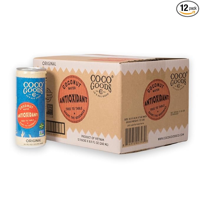 CocoGoodsCo Antioxidant Drink with Coconut Water, Original – 35mg Natural Caffeine, 0g Sugar, Naturally Sweetened, 10 Calories, with Green Coffee & Vitamin E – 8.11 fl oz Cans (12 Pack)