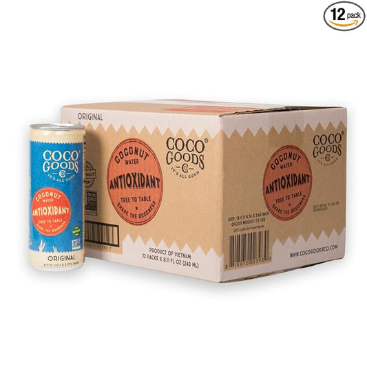 CocoGoodsCo Antioxidant Drink with Coconut Water, Original – 35mg Natural Caffeine, 0g Sugar, Naturally Sweetened, 10 Calories, with Green Coffee & Vitamin E – 8.11 fl oz Cans (12 Pack)