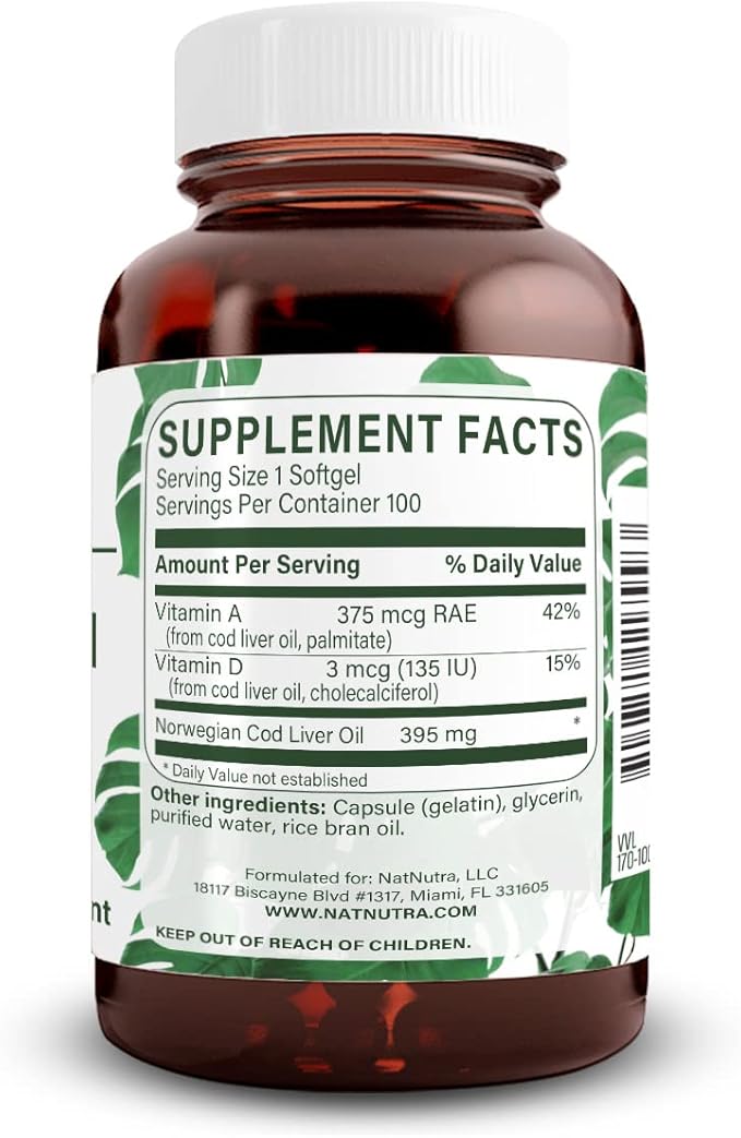 Natural Nutra Norwegian Cod Liver Oil Supplement, Helps to Maintain Skin, Helps Maintain Body Density, Eye Health & Nerve Function, Promotes Dental Health, Supports Cardiovascular Health, 100 Softgels