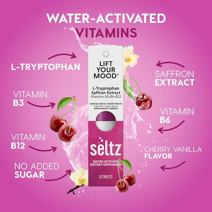 Seltz Lift Your Mood and Soothe Today's Stress Vitamin Effervescent Drinks with L-Theaninine, L-Tryptophan, Saffron, Vitamin D3 and More!