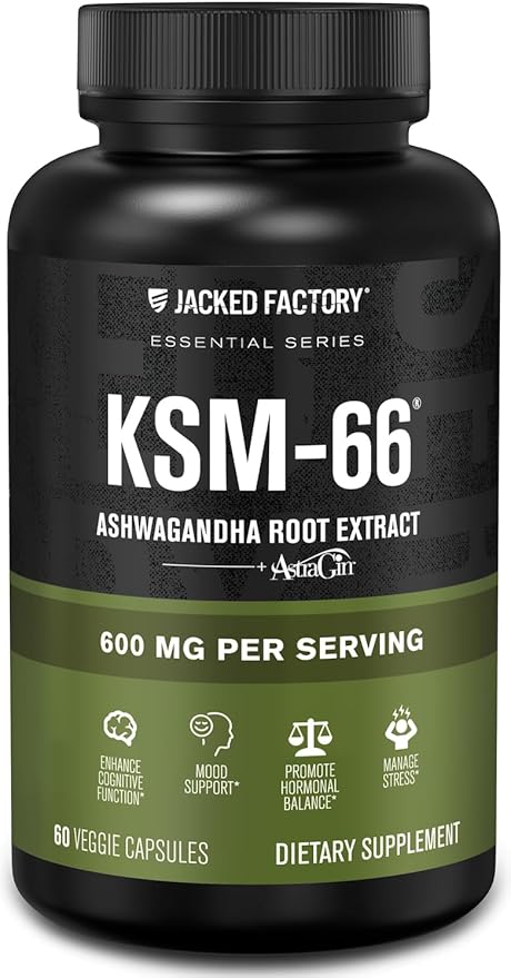 Jacked Factory Ashwagandha Root Extract (KSM-66 Ashwagandha) w/ 5% Withanolides - Supplement for Natural Stress Relief, Cognitive Function, Vitality, and Mood Support - 60 Veggie Capsules