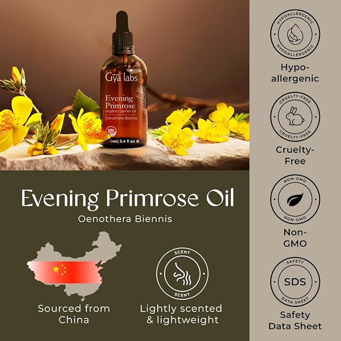 Gya Labs Evening Primrose Oil - 3.4 Fl Oz - Provides Deep Hydration for Skin - Evening Primrose Oil for Women Enhances Scalp Health for Thicker Hair - 100% Authentic and Easy Absorption