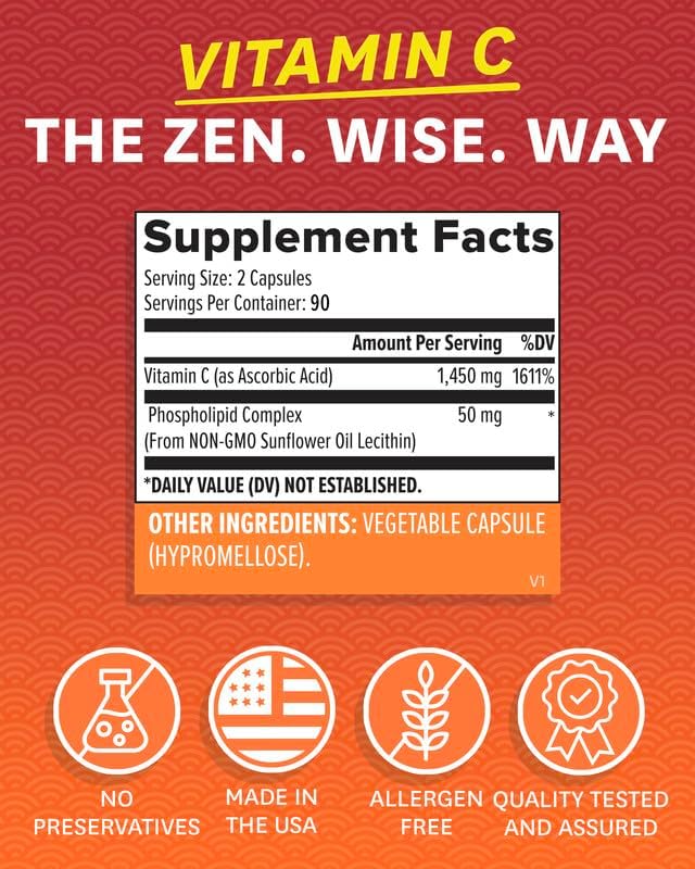 Zenwise Health Enhanced Absorption Liposomal Vitamin C Supplement - 1500mg Liposomal Vit C for Immune Support, Antioxidant & Natural Energy Boost - Vegan, Organic & Gluten Free - Unflavored, 180 Count