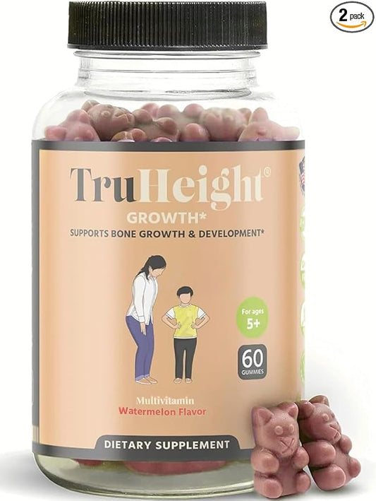 TruHeight Growth Gummies (Watermelon) Natural Growth & Development Supplement for Kids & Teens - Vitamin D, K, Calcium & Ashwaganda - Bone Strength Vitamins, Picky Eater Ages 5+ (Pack of 2) 120 Count