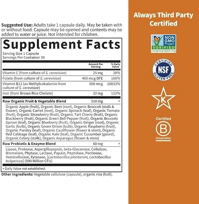 Garden of Life Vitamin Code Raw Iron Supplement - 30 Vegan Capsules, 22mg Once Daily Iron, Vitamins C, B12, Folate, Fruit, Veggies & Probiotics, Iron Supplements for Women, Energy & Anemia Support
