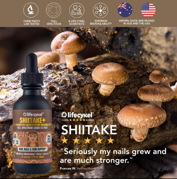 Lifecykel - Shiitake Mushroom Extract with Kakadu Plum - Advance Organic Mushroom Supplement for Hair, Nail and Skin - Potent Vitamin C Immune Boost for Adults - 1 Fl Oz