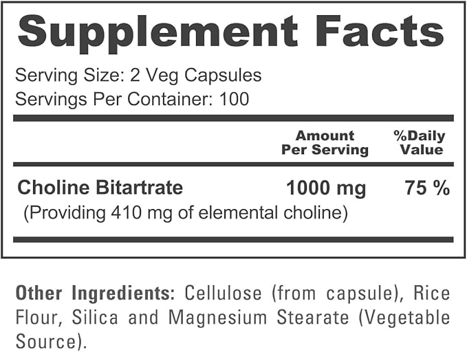 NusaPure Choline Bitartrate 1000 mg 200 Veggie Capsules (Vegan Vegetarian, Non-GMO)