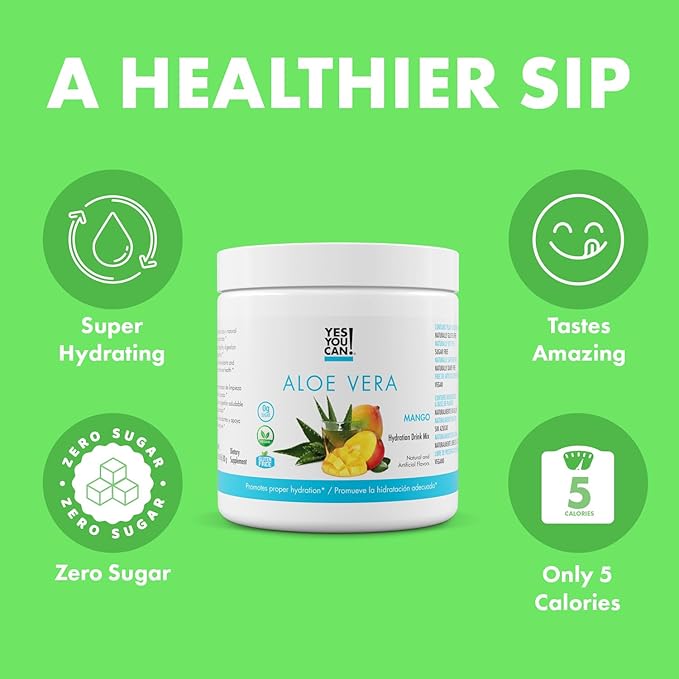 Yes You Can! Organic Aloe Vera Powder Drink Mix - Hydration Booster Infused with Pure Aloe Juice - Delicious Flavors - Made in USA - Antioxidant Rich - Mango Flavor - 40 Servings Per Canister (4 Pack)