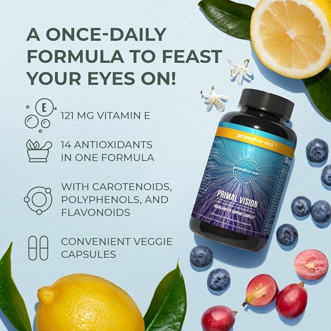 Primal Harvest Vision and Eye Support Complex with Lutein, Zeaxanthin Plus Vitamin E, Bilberry Extract, and Blueberry Extract for Overall Eye Health for Men and Women, 60 Capsules