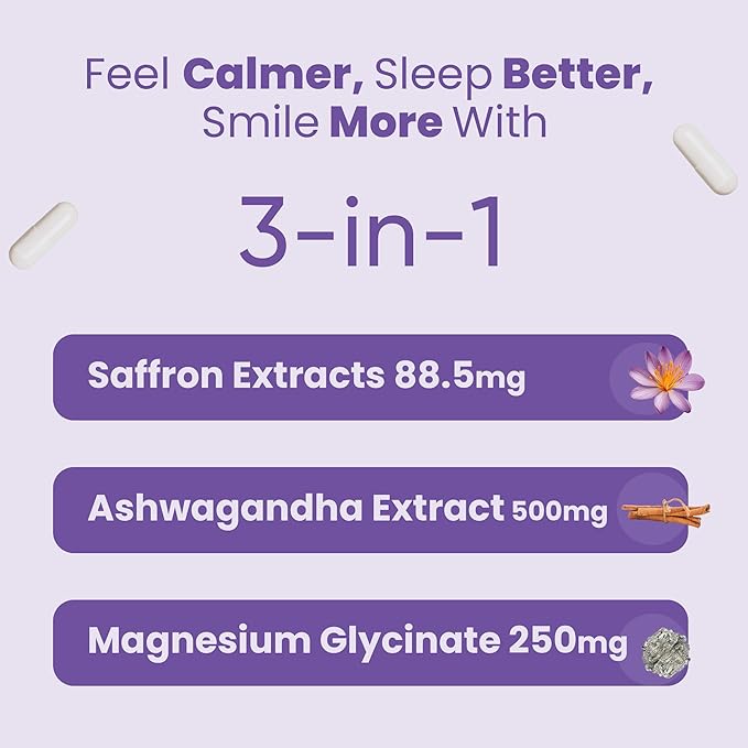 Saffron Supplement 88.5 mg with Ashwagandha & Magnesium Glycinate, Mood, Eye Health & Relaxation, 60 Clean Capsules, Saffron Stigma Extract, Made in USA