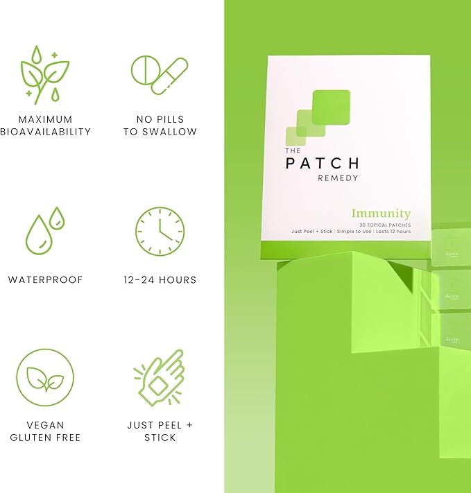 Immunity Patches - 30 Topical Immune Patches Containing Vitamin C, Zinc, Echinacea Extract & Ginkgo Biloba, Lasts 24 Hours