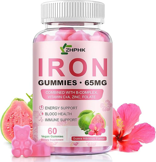Iron Gummies Vitamin Supplement 65mg & Vitamin C 250mg per Serving with B6 B12 Folate- Energy Support for Iron Deficiency, Anemia, Vegan Guava Hibiscus Flavor, 60 Count
