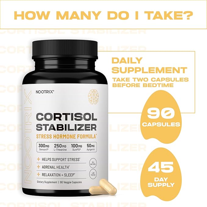 Cortisol Manager & Stabilizer Supplement | Supports Deep Sleep, Relaxation, Adrenal Health & Stress | 300mg Ashwagandha | L-Theanine, Rhodiola Rosea Extract & Apigenin | 90 Capsules