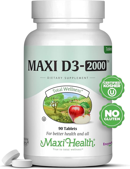 Maxi-Health Vitamin D3 2000 IU - For Healthy Muscle Function, Bone Health and Immune Support – 90 Tablets – Best Kosher Supplement For Adults
