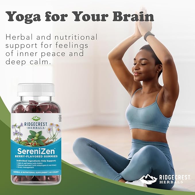 RidgeCrest Herbals SereniZen Gummies with Ashwagandha, GABA, L-Theanine, Chamomile & Lemon Balm, Supports Relaxation & Calm, Stress Management, Sleep. Daily Health Supplement, 60 Ct, 1-2 Month Supply