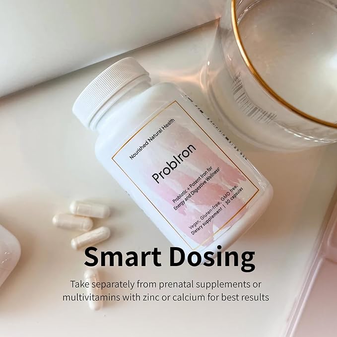 Nourished Natural Health ProbIron - Women's Probiotic + Iron Supplement Boosted with Vitamin C and Copper - Vegan Formula for Energy and Digestive Wellness - 60 Capsules