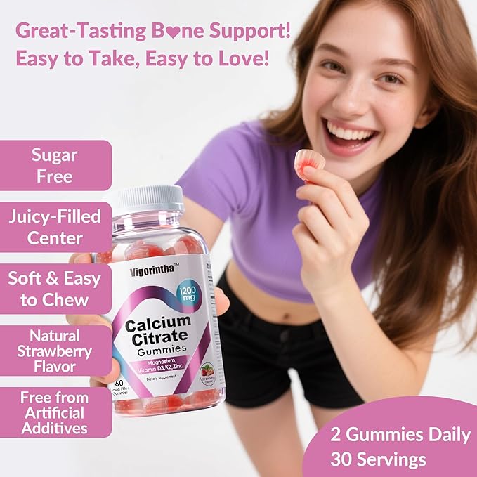Calcium Citrate Gummies 1200mg with Magnesium,Vitamin D3, K2, Calcium Supplements for Women & Men- Easy to Digest, Vegan, Gluten Free,Sugar Free- Strawberry Flavor, 60 Calcium Gummies